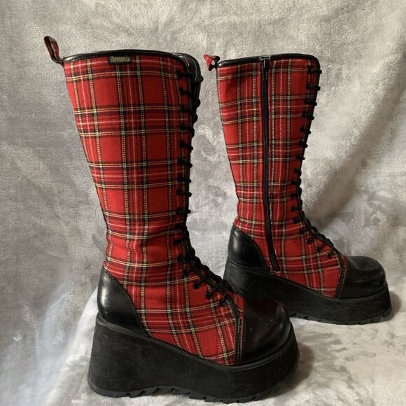 Demonia Women's 3.5" Platform Boots Size 7 Scene 100 Red Tartan Plaid 15” Tall - Picture 5 of 16